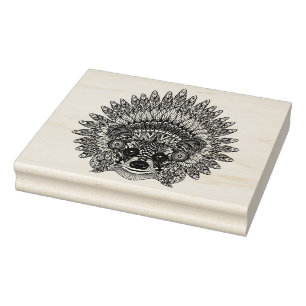 Raccoon In Feathered War Bonnet Doodle Rubber Stamp