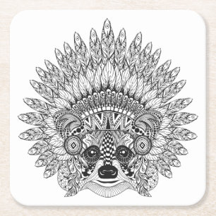 Raccoon In Feathered War Bonnet Doodle Square Paper Coaster