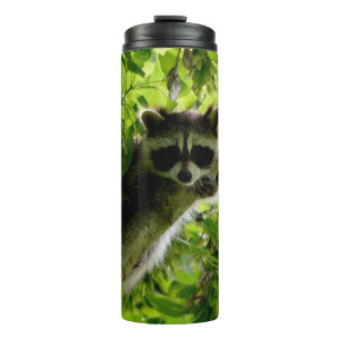 Raccoon in Green Tree Cute grey masked raccoon Thermal Tumbler