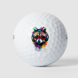 Raccoon in headphones and glasses golf balls