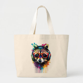 Raccoon in headphones and glasses large tote bag