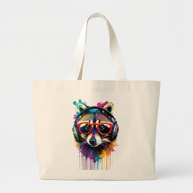 Raccoon in headphones and glasses large tote bag (Front)