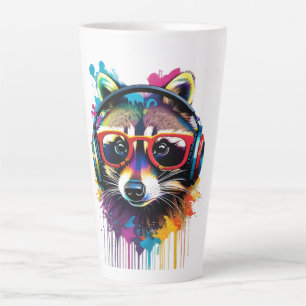 Raccoon in headphones and glasses latte mug