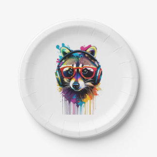 Raccoon in headphones and glasses paper plate