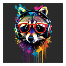 Raccoon in headphones and glasses