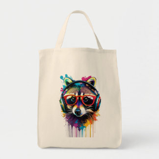 Raccoon in headphones and glasses tote bag
