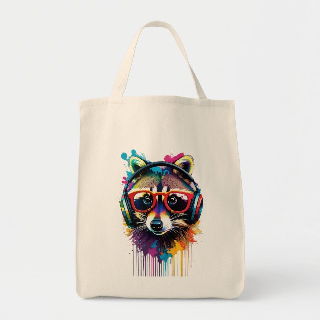 Raccoon in headphones and glasses tote bag (Front)