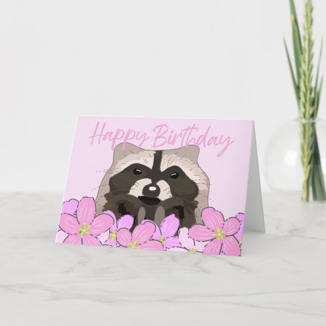 Raccoon in Pretty Pink Flowers Wild Birthday Card (Front)