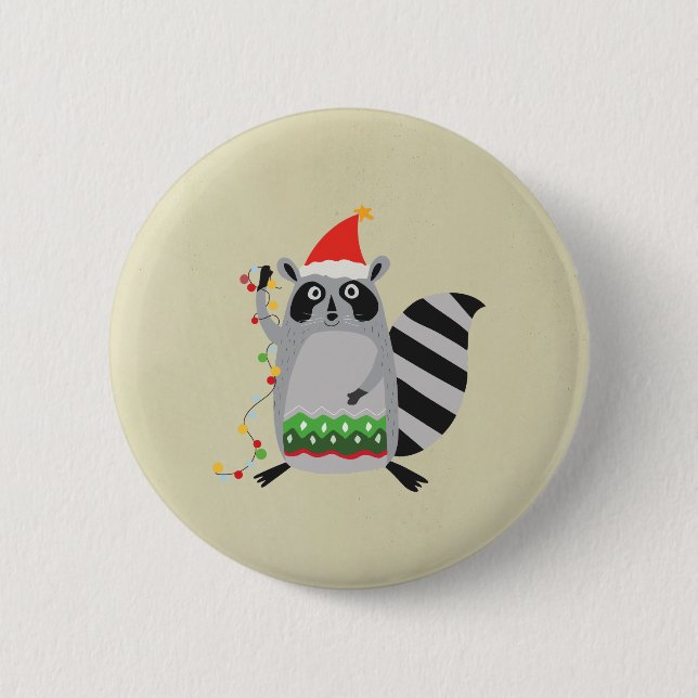 Raccoon In Santa Hat Tangled Up In Holiday Lights 2 Inch Round Button (Front)