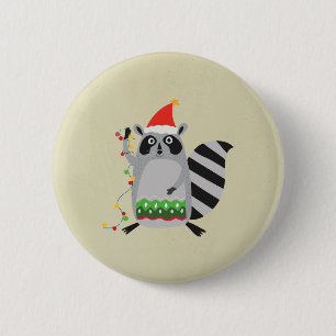Raccoon In Santa Hat Tangled Up In Holiday Lights 2 Inch Round Button