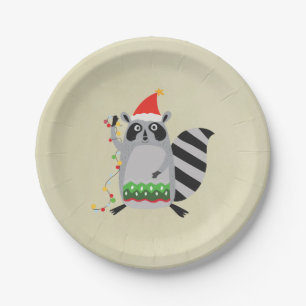 Raccoon In Santa Hat Tangled Up In Holiday Lights Paper Plate