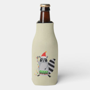 Raccoon In Santa Hat Tangled Up In Xmas Lights Bottle Cooler