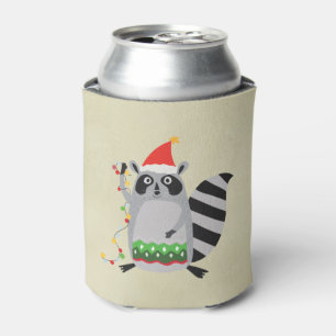 Raccoon In Santa Hat Tangled Up In Xmas Lights Can Cooler