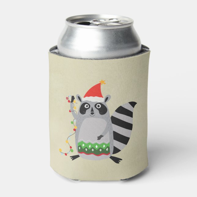 Raccoon In Santa Hat Tangled Up In Xmas Lights Can Cooler (Can Front)