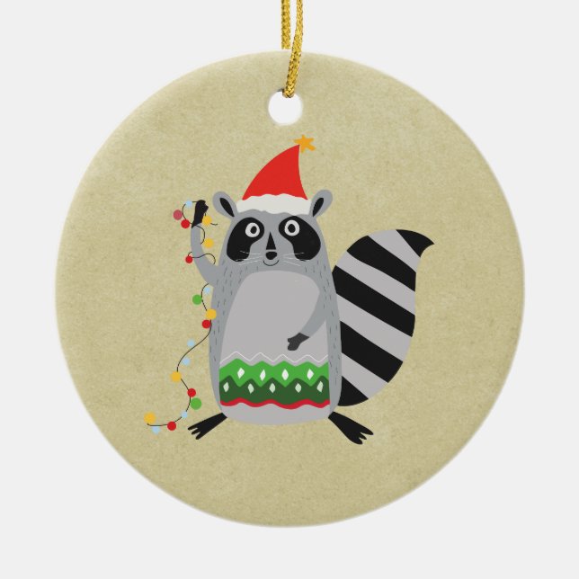 Raccoon In Santa Hat Tangled Up In Xmas Lights Ceramic Ornament (Front)
