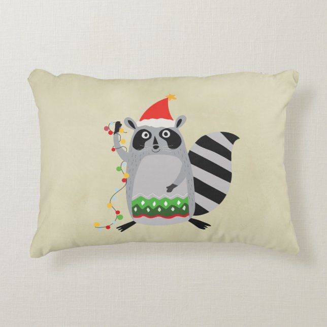 Raccoon In Santa Hat Tangled Up In Xmas Lights Decorative Pillow (Front)