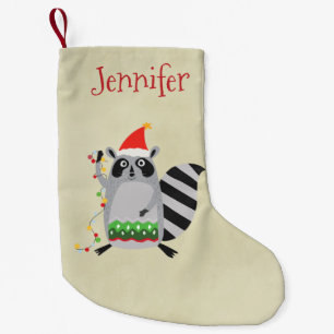 Raccoon In Santa Hat Tangled Up In Xmas Lights Small Christmas Stocking