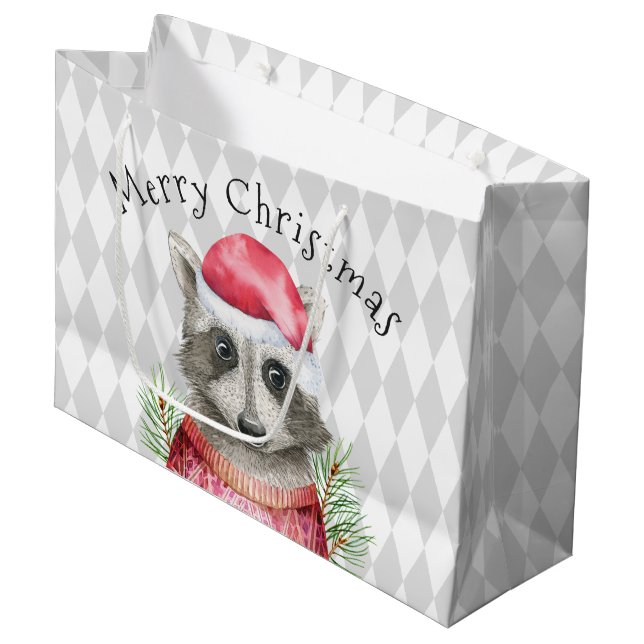 Raccoon in Santa Hat with Harlequin Pattern Large Gift Bag (Front Angled)