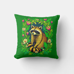 Raccoon in the Middle of Wildflower Garden Throw Pillow