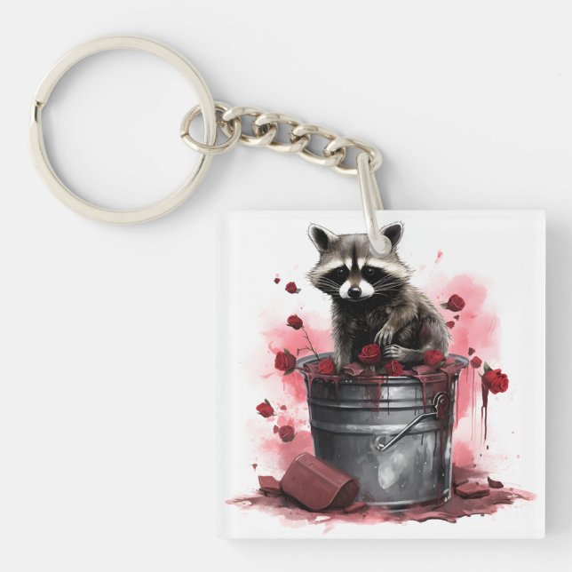 Raccoon in trash bin Valentines day Keychain (Front)