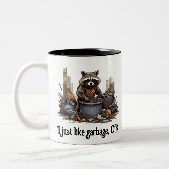 Raccoon likes garbage Two-Tone coffee mug (Left)