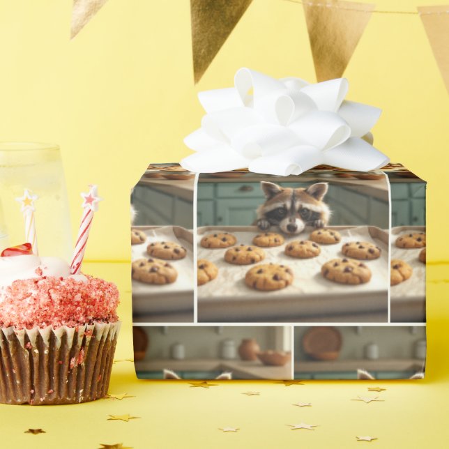 Raccoon Looking At Chocolate Chip Cookies Wrapping Paper (Birthday Party)