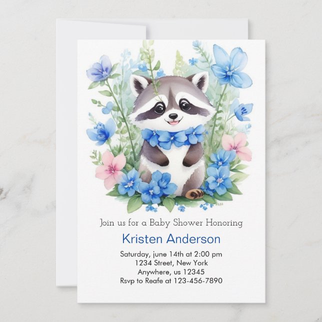 Raccoon Meadow Magic Blue Boy Baby Shower Invitation (Front)
