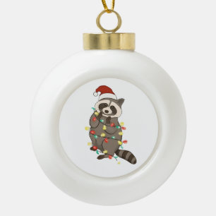 Raccoon Merry Christmas Lights Santa Hat Xmas Snow Ceramic Ball Christmas Ornament