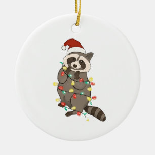 Raccoon Merry Christmas Lights Santa Hat Xmas Snow Ceramic Ornament