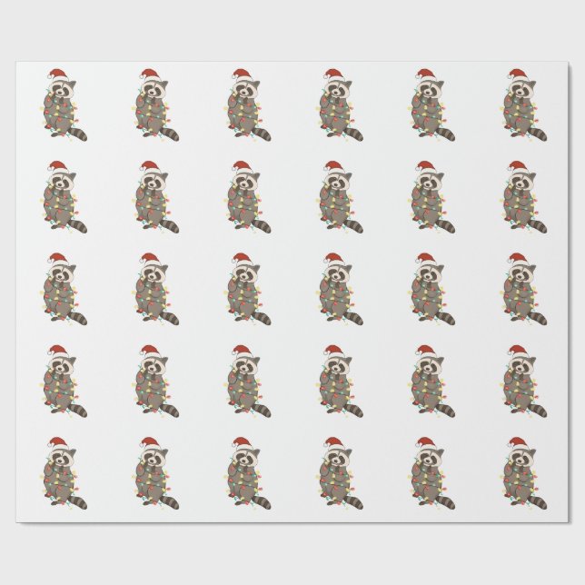 Raccoon Merry Christmas Lights Santa Hat Xmas Snow Wrapping Paper (Flat)