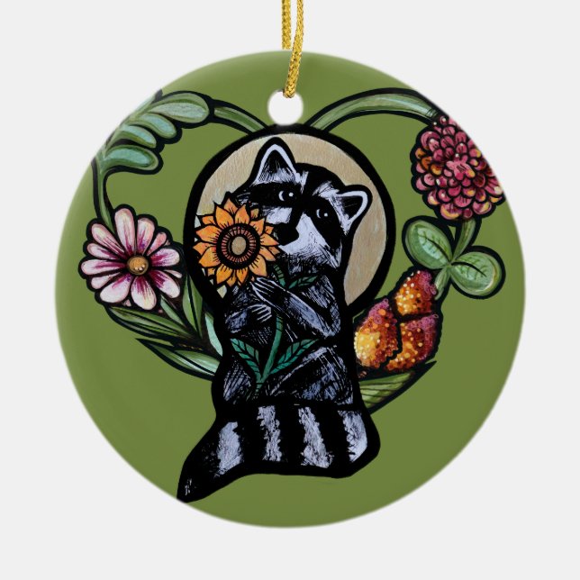 Raccoon Nature lovers sunflower art                Ceramic Ornament (Front)