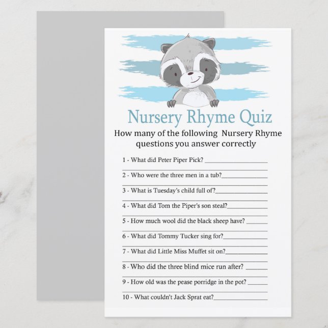 Raccoon Nursery Rhyme Quiz baby shower game (Front/Back)