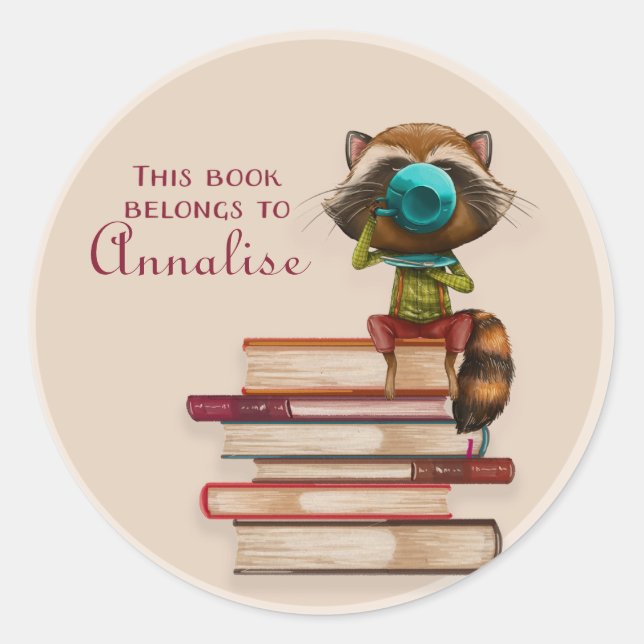 Raccoon on a Stack of Books Book Name Plate Classic Round Sticker (Front)