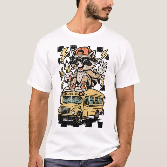 Raccoon On Bus Back To School Boy Teacher  T-Shirt (Front)