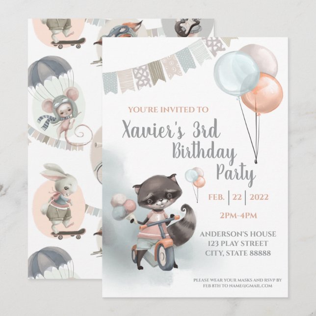 Raccoon On Scooter Birthday Party Invitation (Front/Back)
