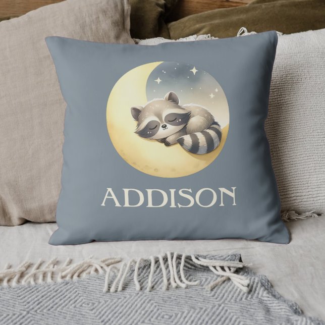 Raccoon on the Moon! Custom Name Cute Nursery  Throw Pillow (Adorable Raccoon Moon Pillow - Cute Sleepy Raccoon Design, Perfect for Kids' Rooms, Unique Gift.)