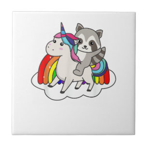 Raccoon On Unicorn Rainbow Animals Sweet Unicorns Tile