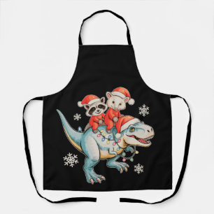 Raccoon Opossum Riding T Rex Santa Hat Christmas Apron