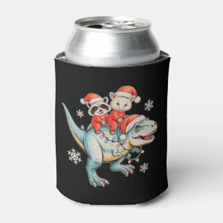 Raccoon Opossum Riding T Rex Santa Hat Christmas Can Cooler