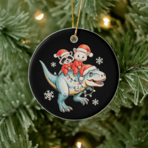 Raccoon Opossum Riding T Rex Santa Hat Christmas Ceramic Ornament
