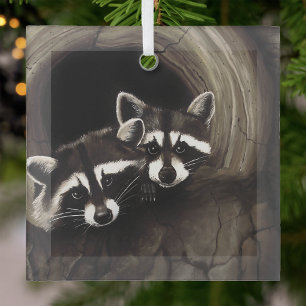 Raccoon Pair Tree Hollow Woodland Wildlife Brown Glass Ornament