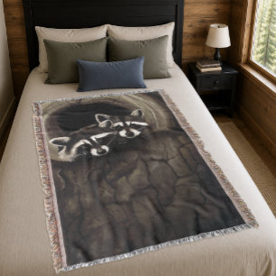 Raccoon Pair Tree Hollow Woodland Wildlife Brown Throw Blanket