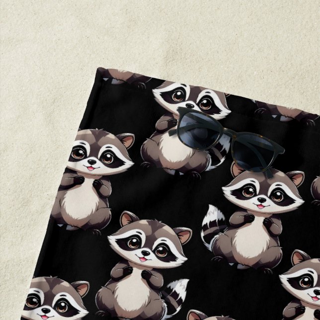 Raccoon Pattern Design Black  Beach Towel (In Situ)