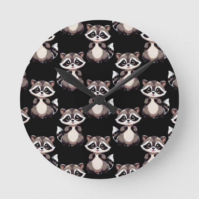 Raccoon Pattern Design Black  Round Clock (Front)