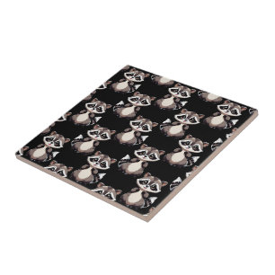 Raccoon Pattern Design Black Tile