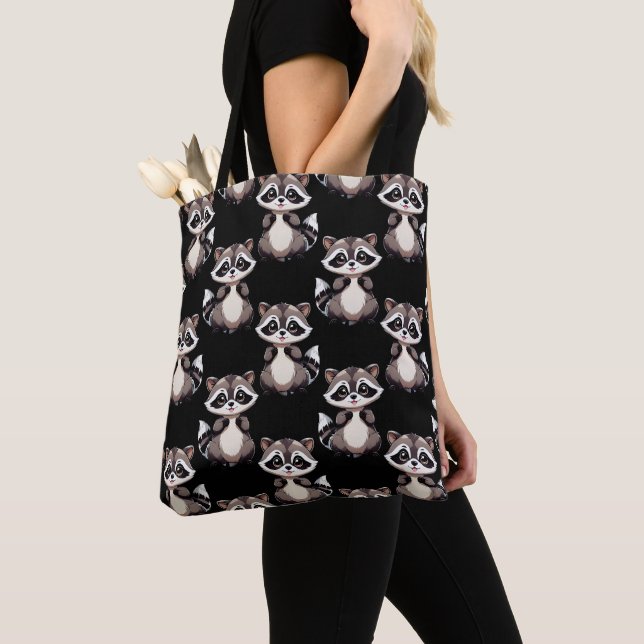 Raccoon Pattern Design Black  Tote Bag (Close Up)