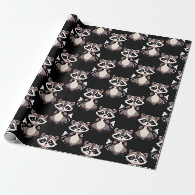 Raccoon Pattern Design Black  Wrapping Paper (Unrolled)