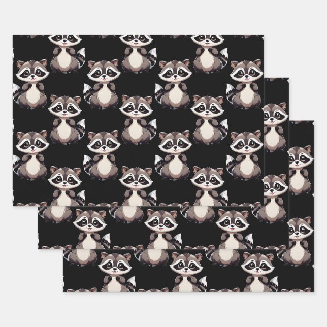 Raccoon Pattern Design Black  Wrapping Paper Sheet (Set)