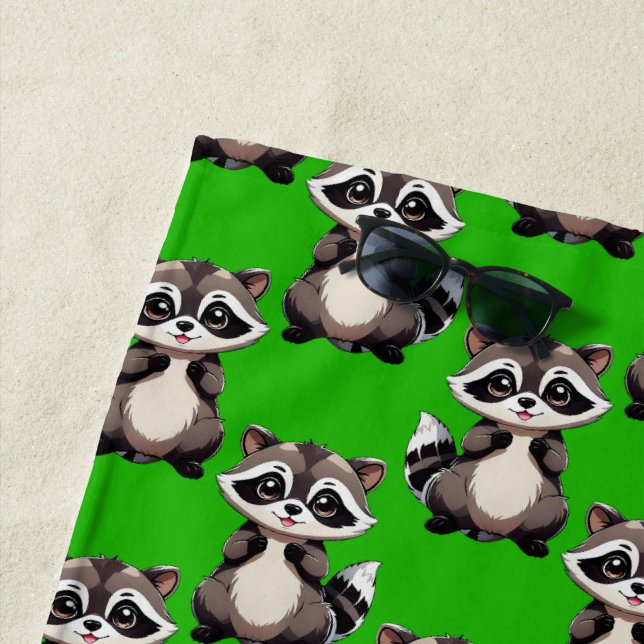 Raccoon Pattern Design Green  Beach Towel (In Situ)