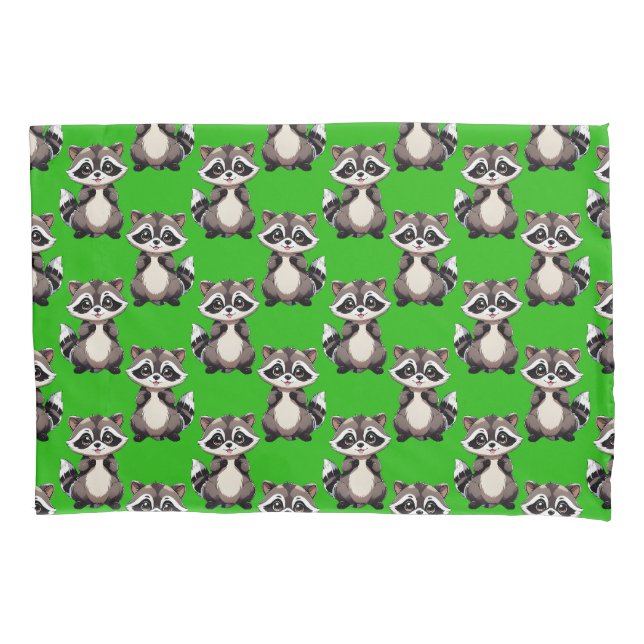 Raccoon Pattern Design Green  Pillowcase (Front)